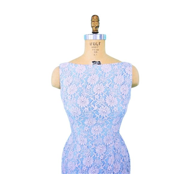 Vintage 1950s Pink Blue Lace Sheath Cocktail Dress | W 25" - Picture 3 of 7